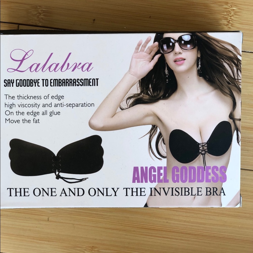 Invisible pull tie (for cleavage) sticky bra.